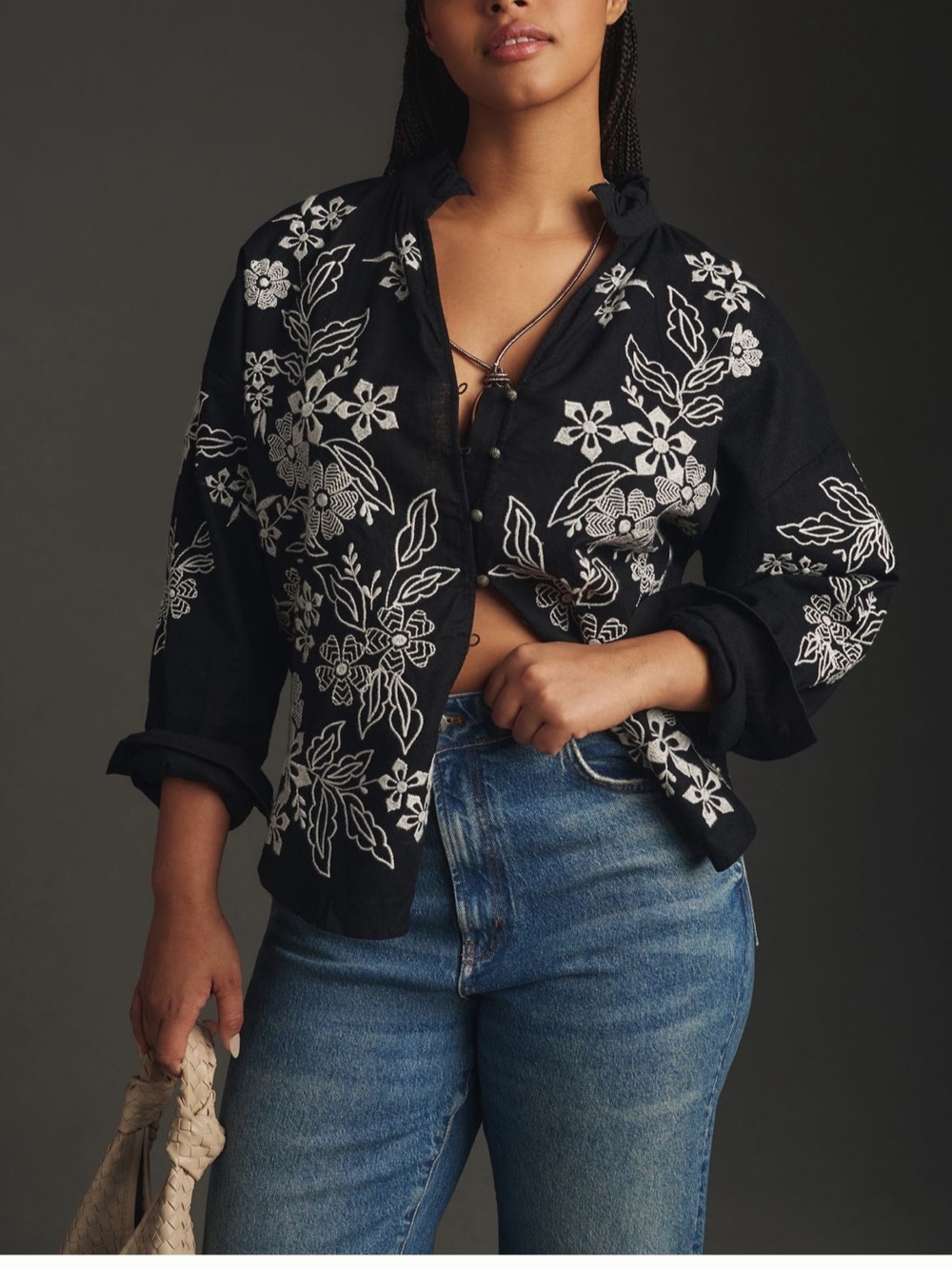 Anthropologie Pilcro The Tavi Embroidered Blouse Medium Black Linen Cotton Top M